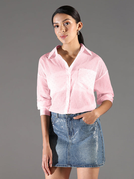 Women's Pink Striped Oversized Shirt with Chest Pocket