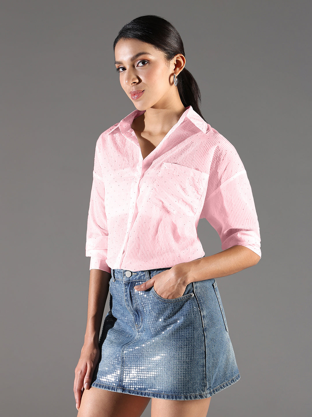 Women's Pink Striped Oversized Shirt with Chest Pocket