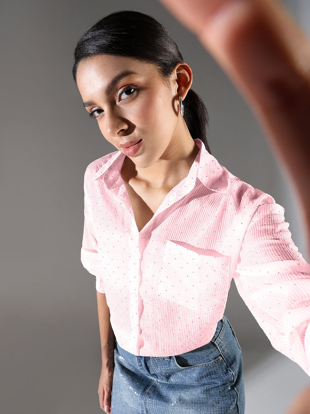 Women's Pink Striped Oversized Shirt with Chest Pocket