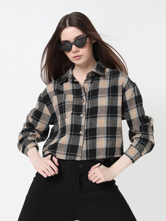 Women's Tartan Checks Black Regular Fit Crop Shirt