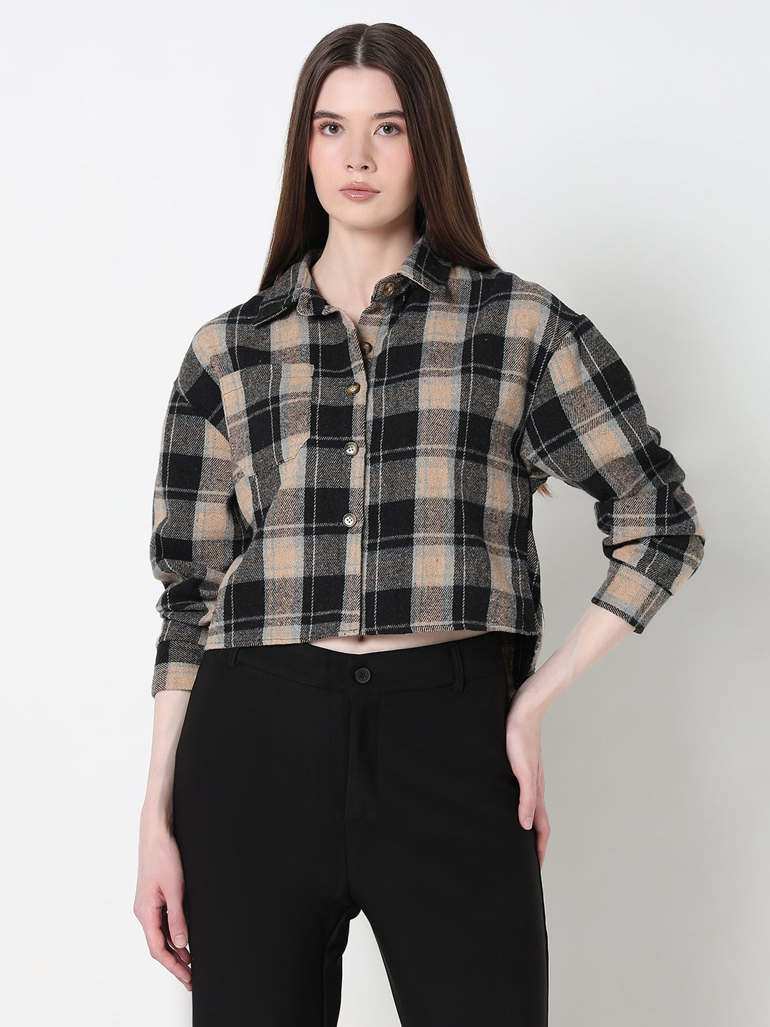 Women's Tartan Checks Black Regular Fit Crop Shirt