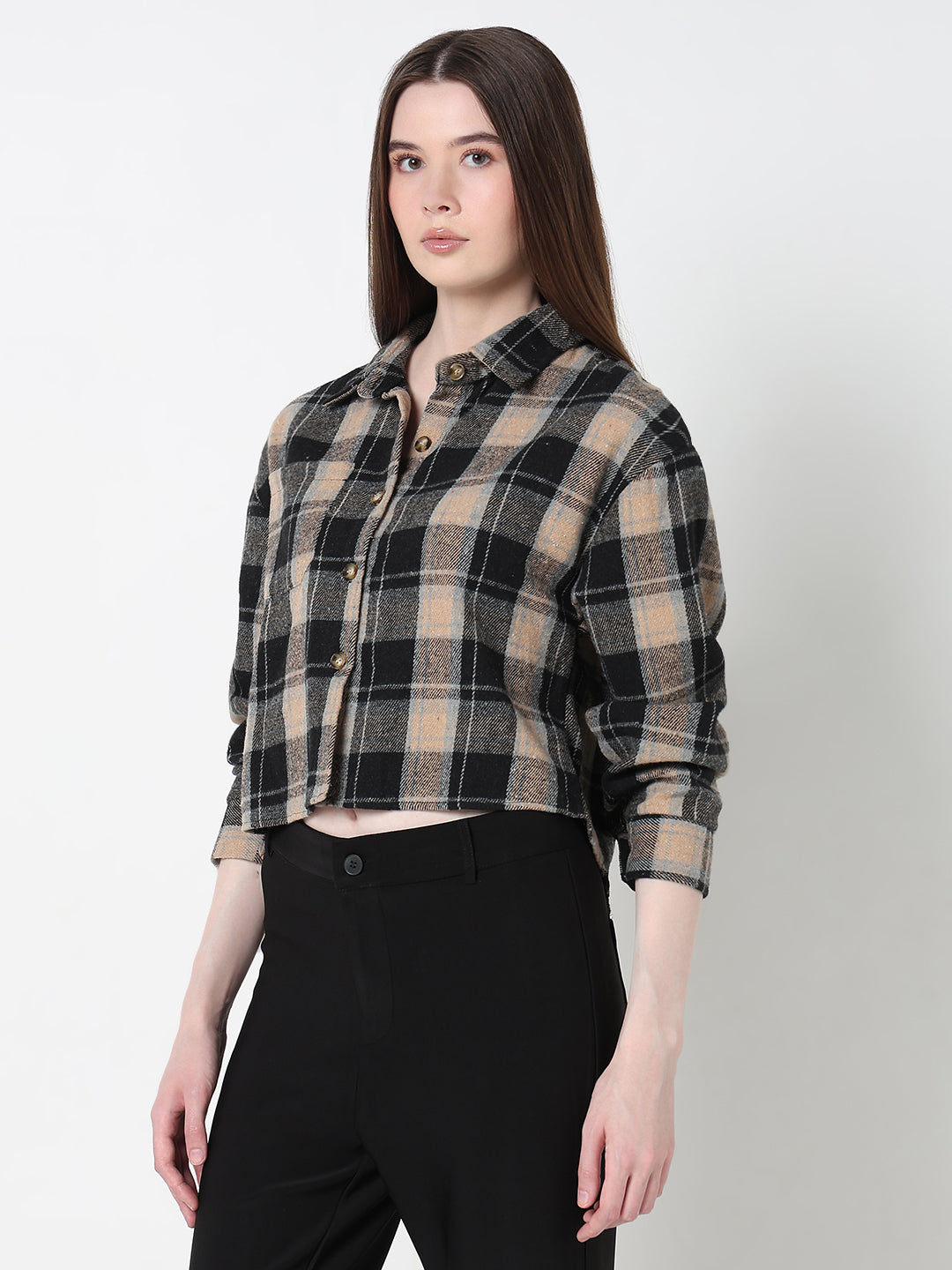 Women's Tartan Checks Black Regular Fit Crop Shirt