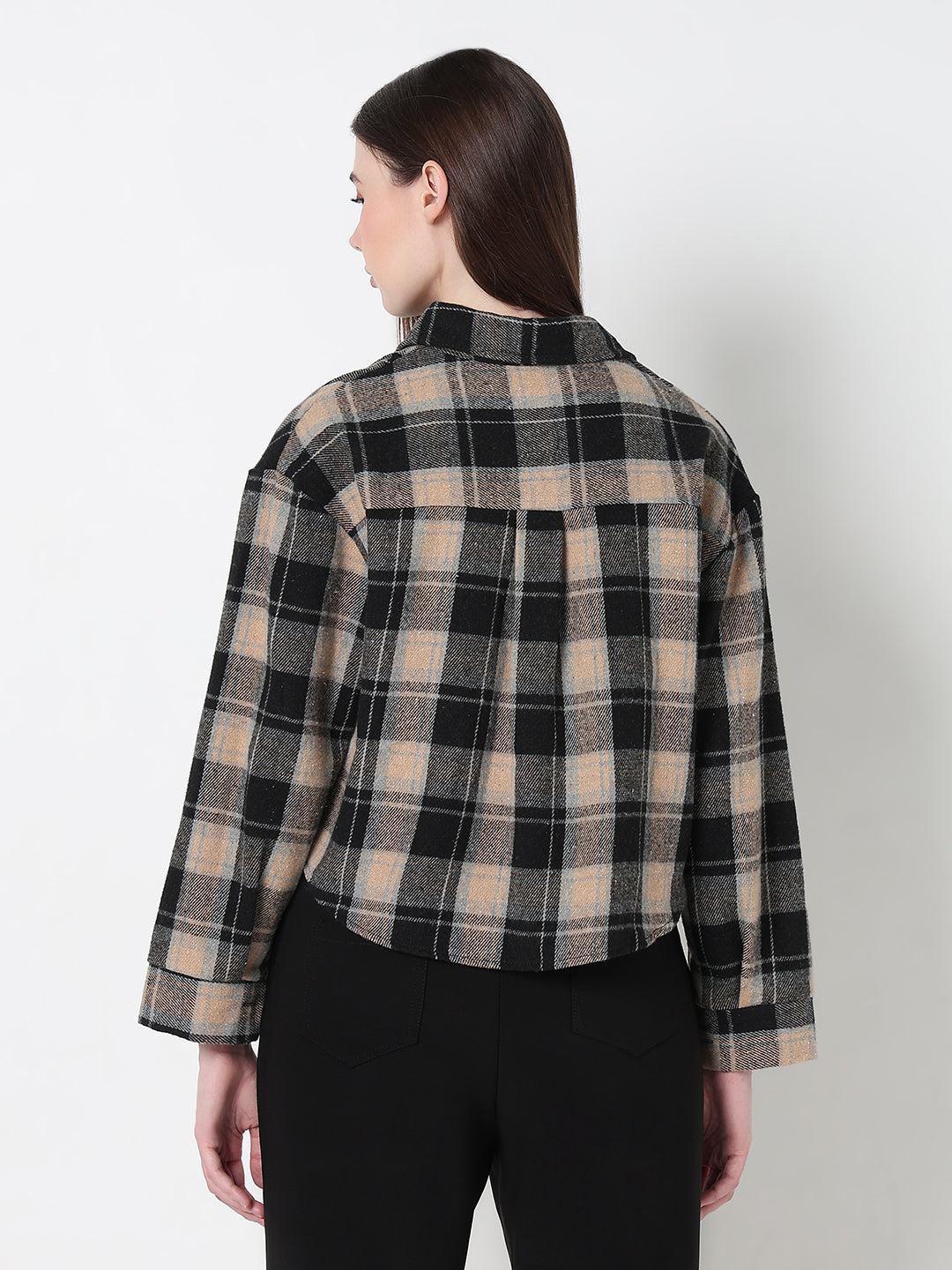 Women's Tartan Checks Black Regular Fit Crop Shirt