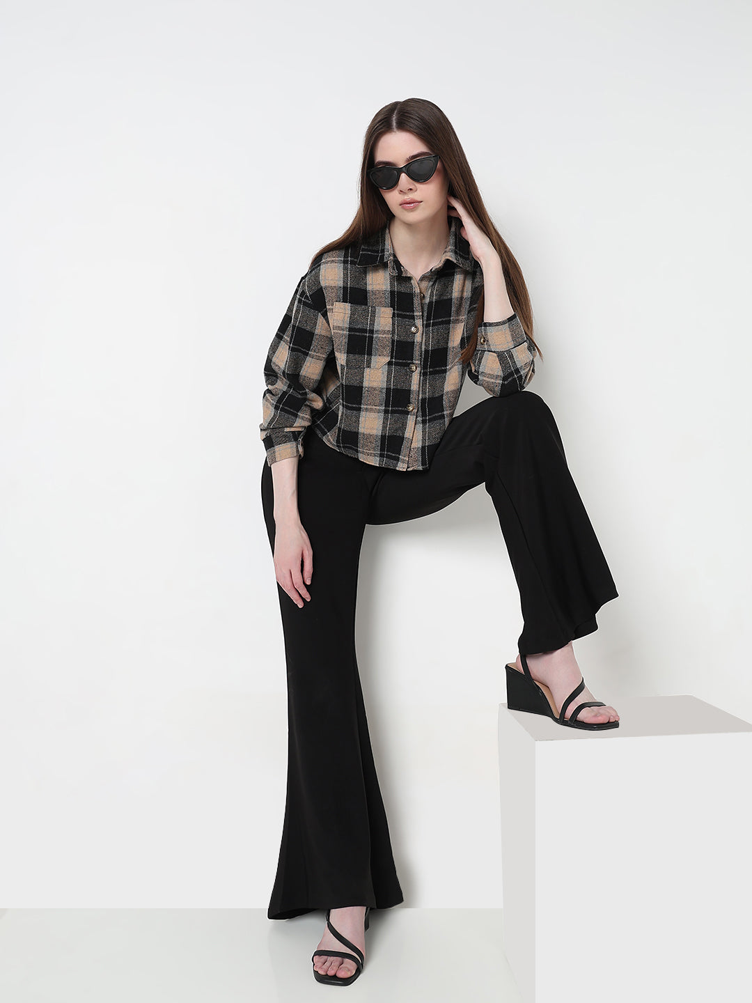 Women's Tartan Checks Black Regular Fit Crop Shirt