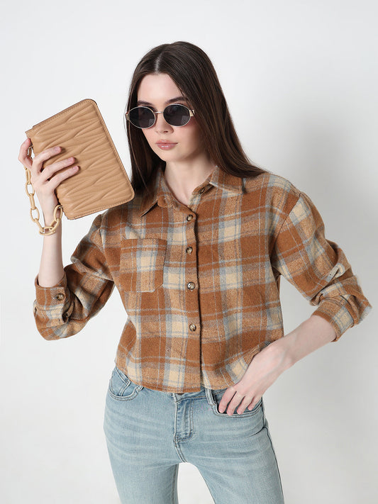 Women's Tartan Checks Brown Regular Fit Crop Shirt