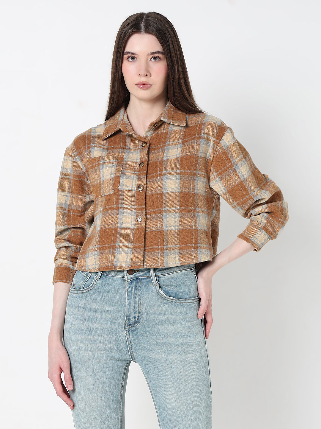 Women's Tartan Checks Brown Regular Fit Crop Shirt