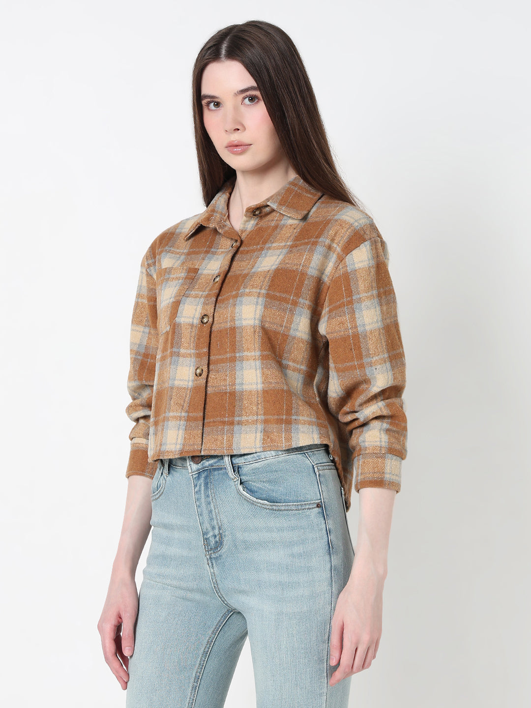 Women's Tartan Checks Brown Regular Fit Crop Shirt