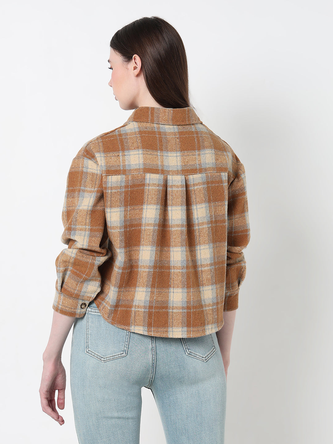 Women's Tartan Checks Brown Regular Fit Crop Shirt