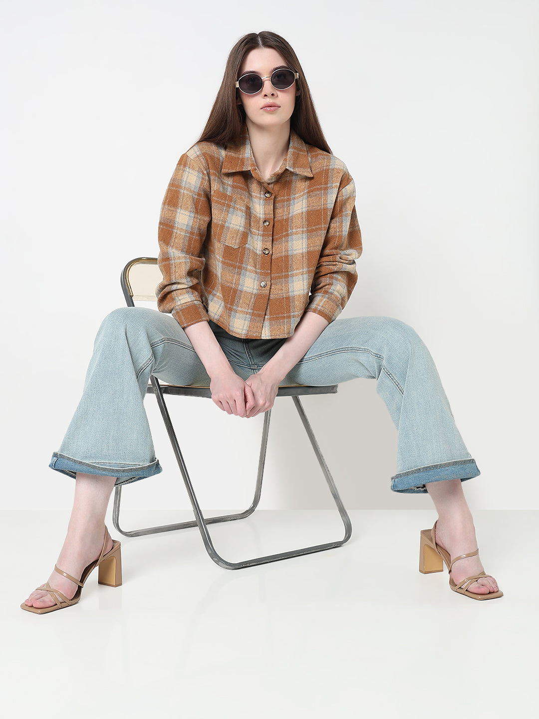 Women's Tartan Checks Brown Regular Fit Crop Shirt