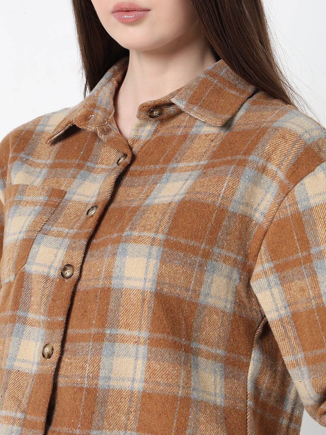 Women's Tartan Checks Brown Regular Fit Crop Shirt