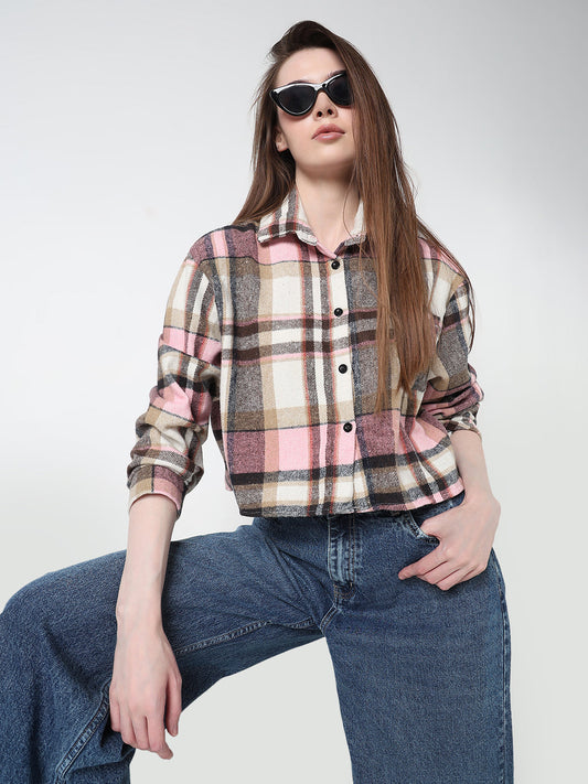 Women's Tartan Checks Pink Regular Fit Crop Shirt with Chest Pocket