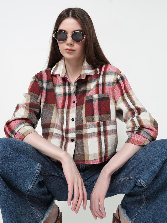 Women's Tartan Checks Red Regular Fit Crop Shirt with Chest Pocket