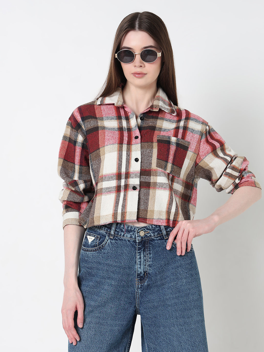 Women's Tartan Checks Red Regular Fit Crop Shirt with Chest Pocket