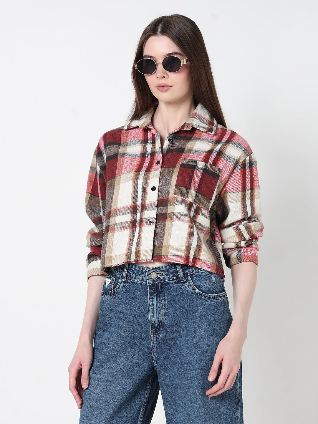 Women's Tartan Checks Red Regular Fit Crop Shirt with Chest Pocket