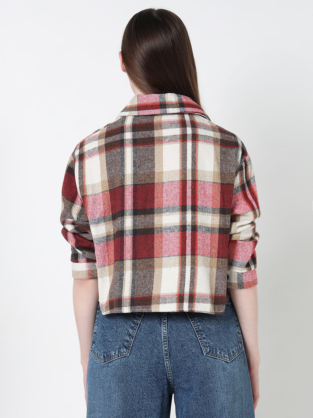 Women's Tartan Checks Red Regular Fit Crop Shirt with Chest Pocket