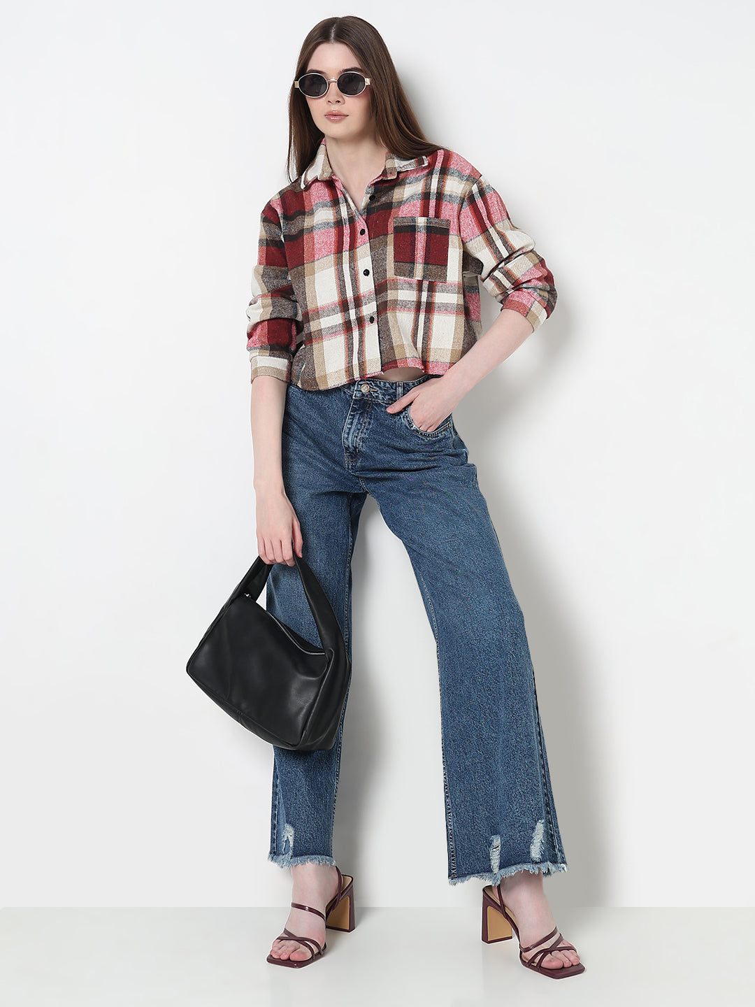 Women's Tartan Checks Red Regular Fit Crop Shirt with Chest Pocket
