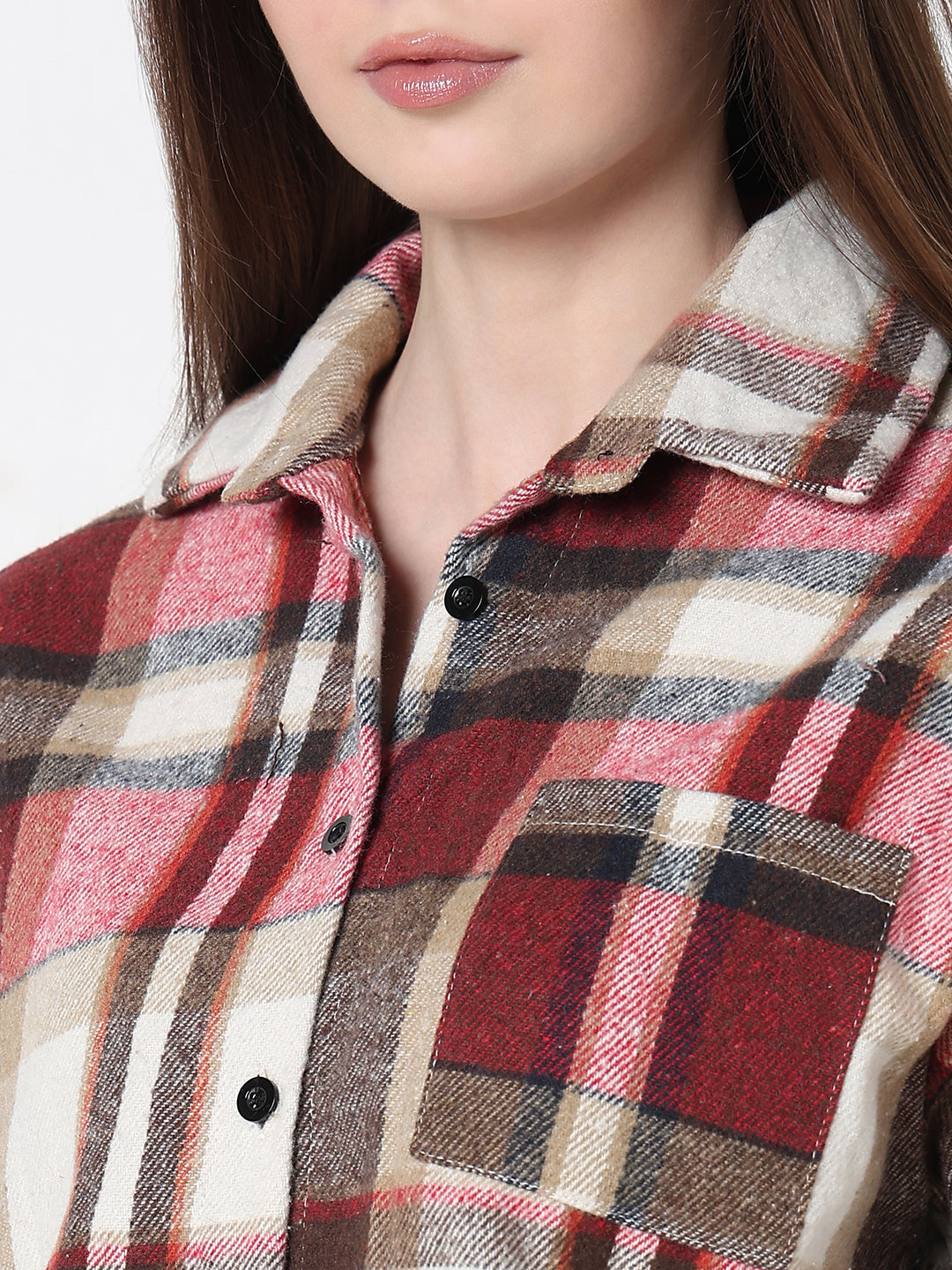 Women's Tartan Checks Red Regular Fit Crop Shirt with Chest Pocket