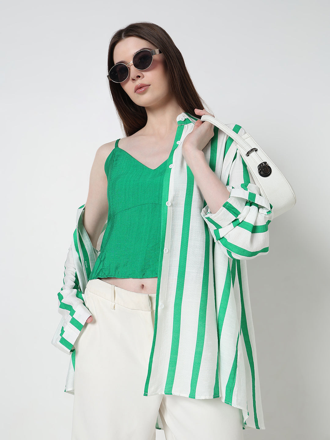 Women's Vertical Stripes Green Regular Fit Shirt with Cami Top