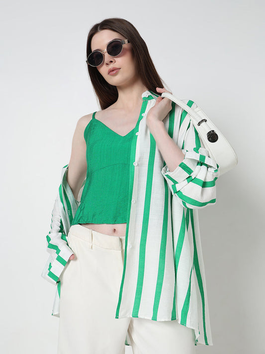Women's Vertical Stripes Green Regular Fit Shirt with Cami Top