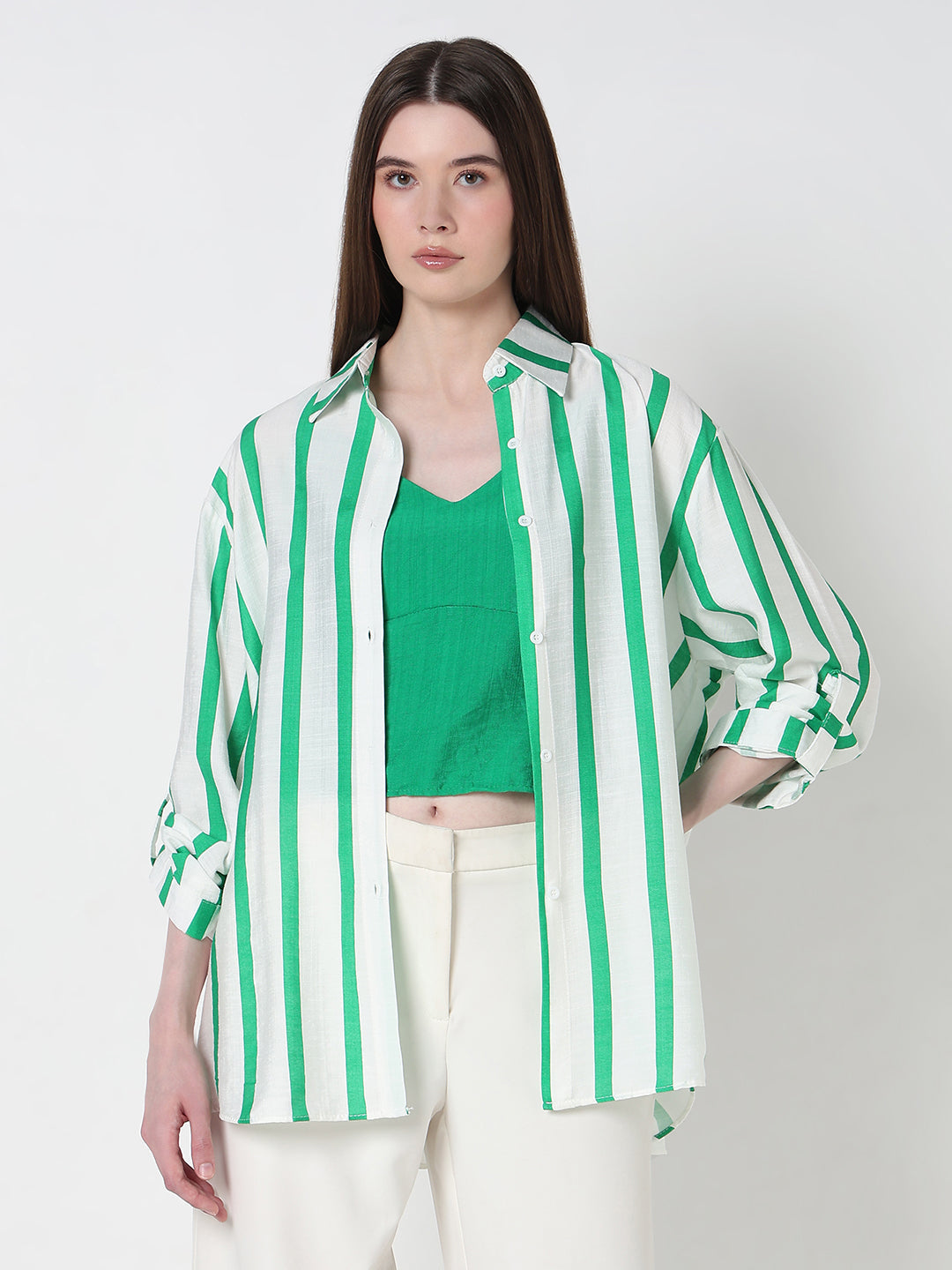 Women's Vertical Stripes Green Regular Fit Shirt with Cami Top