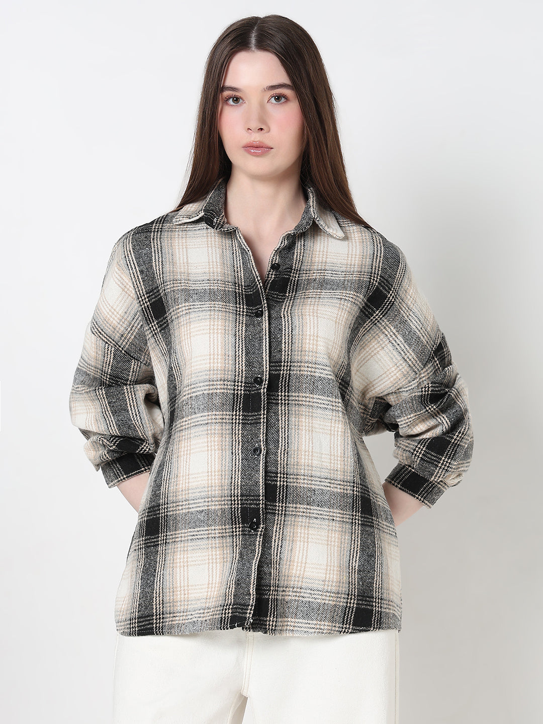Women's Tartan Checks Beige Oversized Shirt