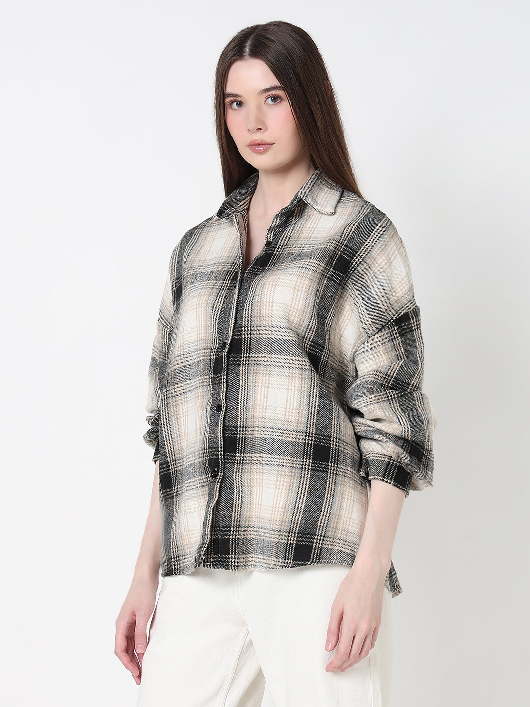 Women's Tartan Checks Beige Oversized Shirt