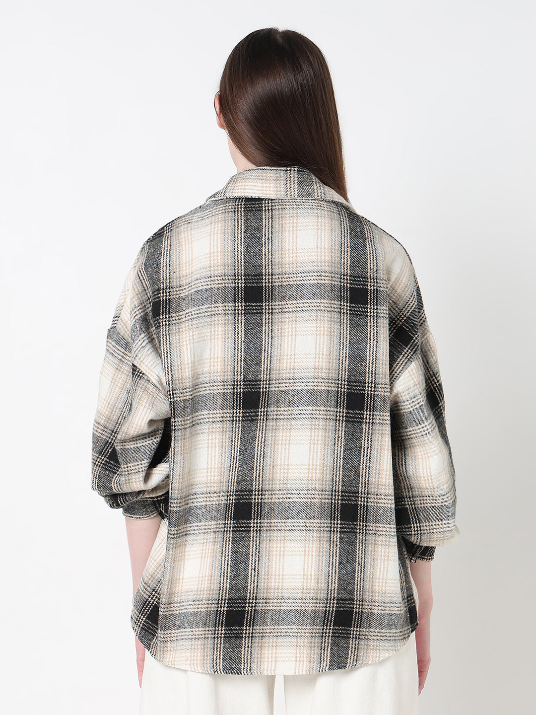 Women's Tartan Checks Beige Oversized Shirt