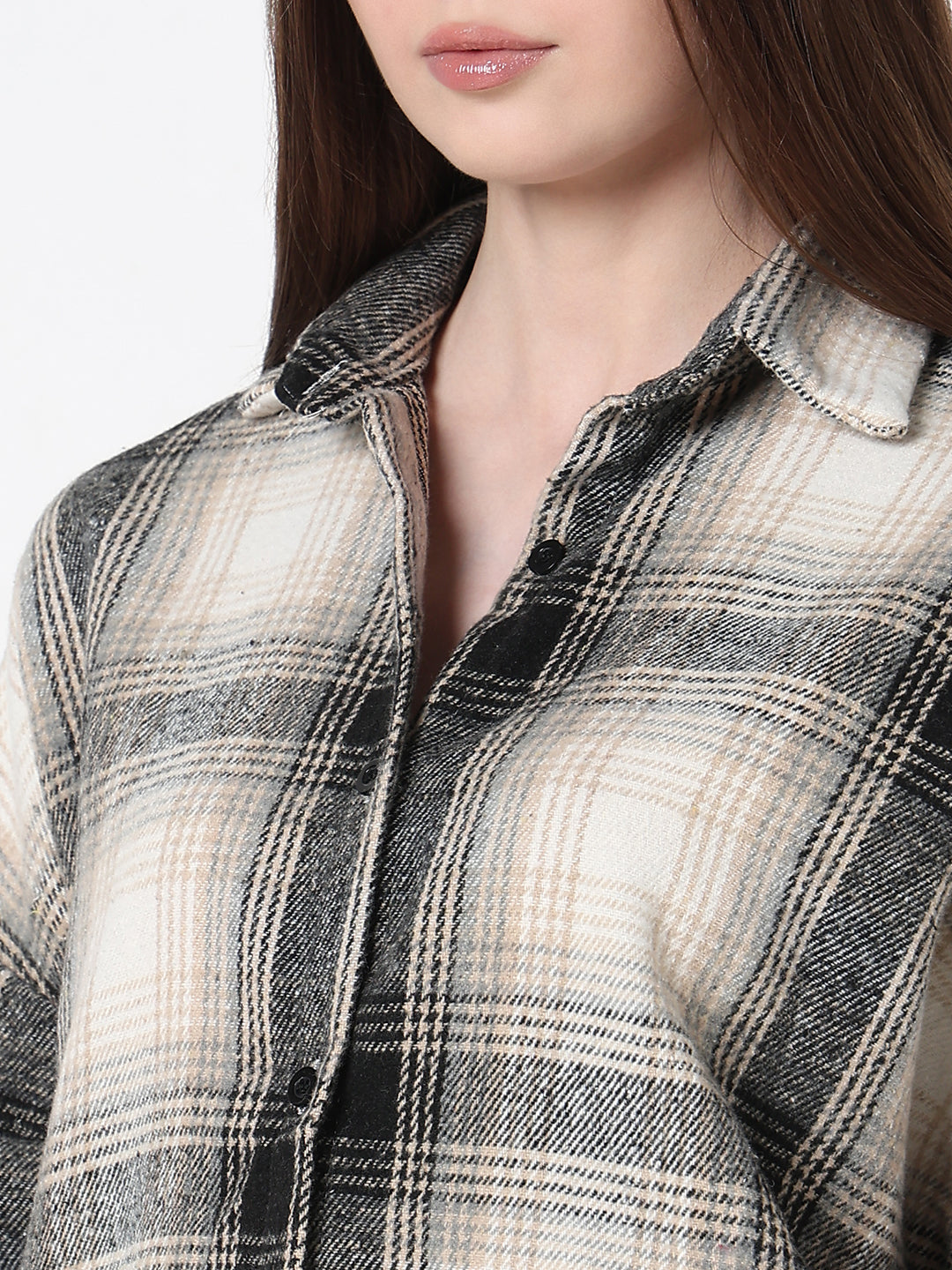 Women's Tartan Checks Beige Oversized Shirt