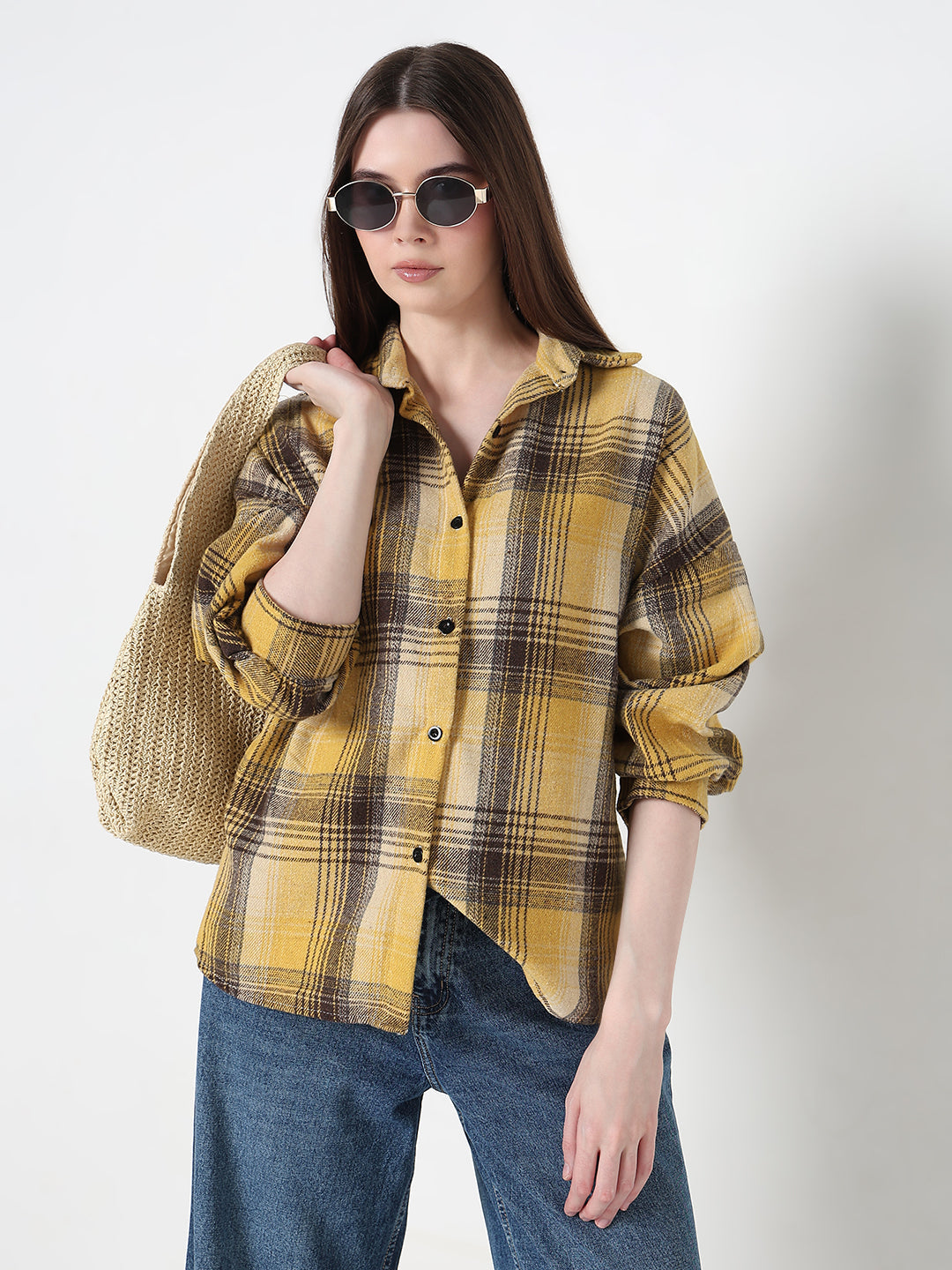 Women's Tartan Checks Yellow Oversized Shirt