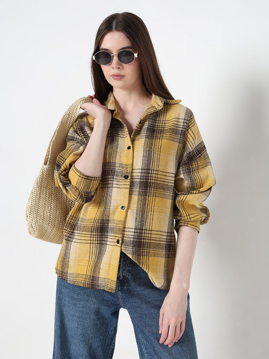 Women's Tartan Checks Yellow Oversized Shirt