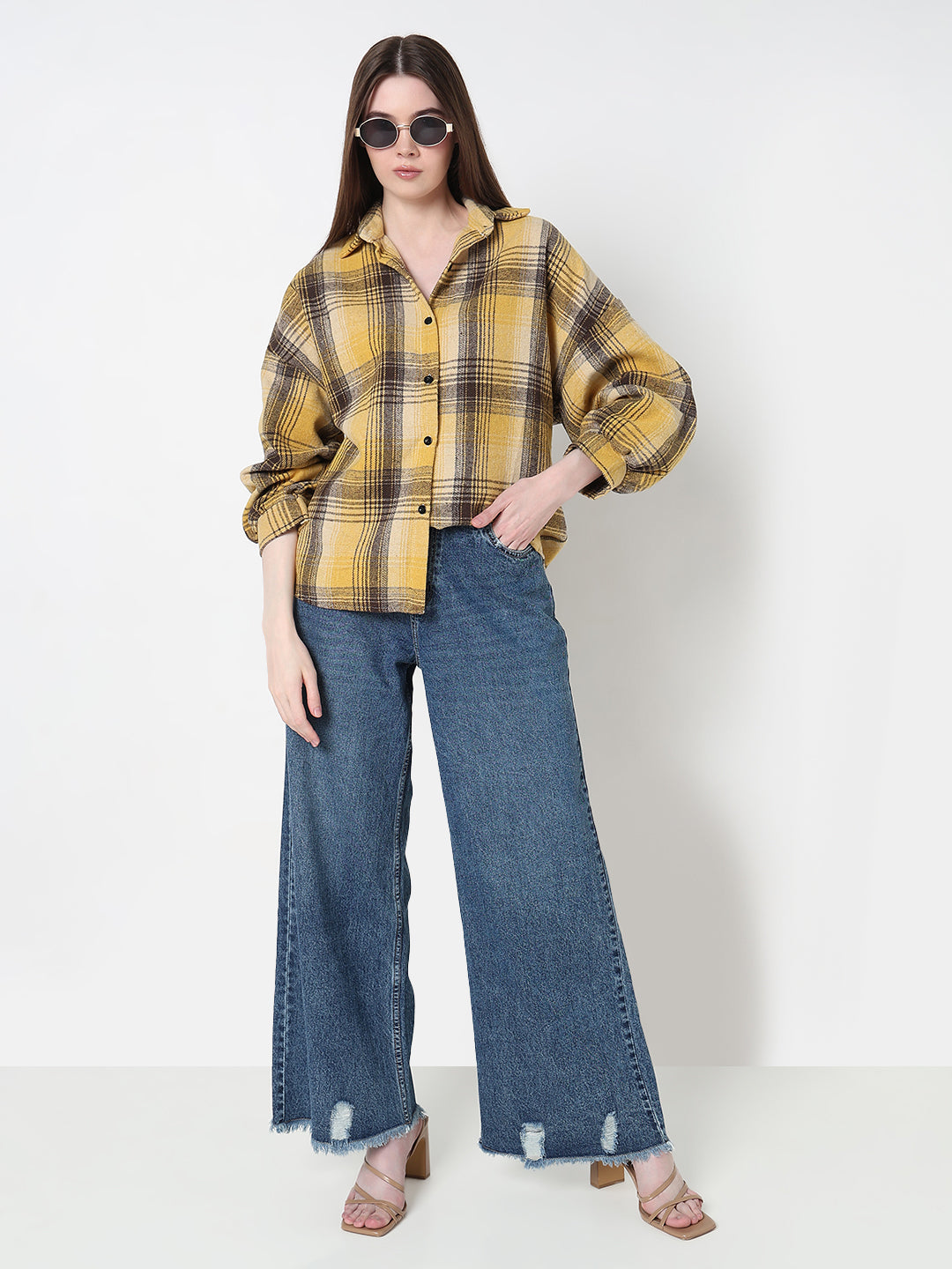 Women's Tartan Checks Yellow Oversized Shirt