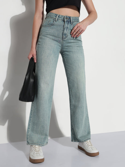 Women's Blue High Rise Straight Fit Jeans with Back Pocket Embroidery