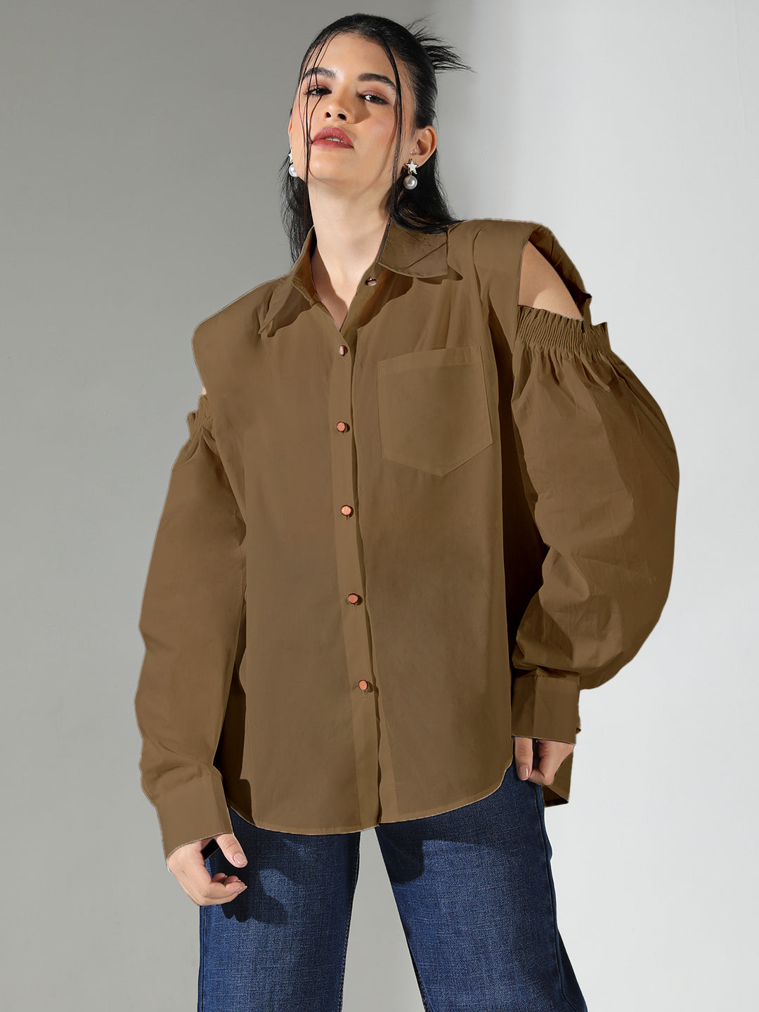 Women's Cold Shoulder Bishop Sleeves Brown Solid Shirt