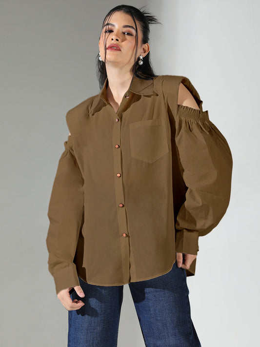 Women's Cold Shoulder Bishop Sleeves Brown Solid Shirt