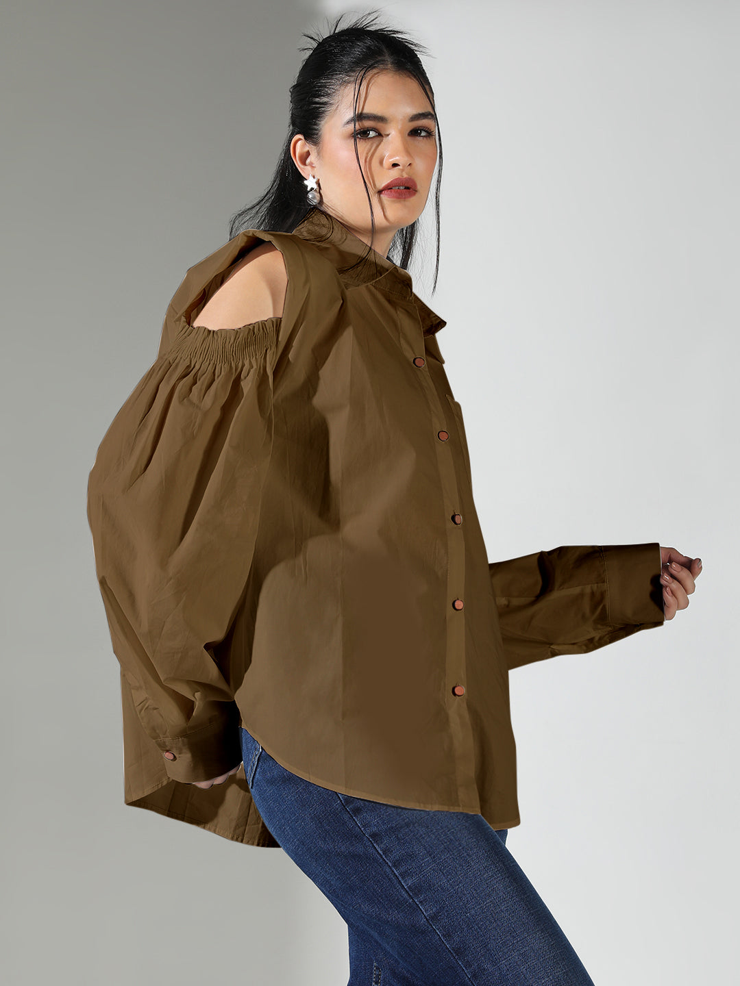Women's Cold Shoulder Bishop Sleeves Brown Solid Shirt