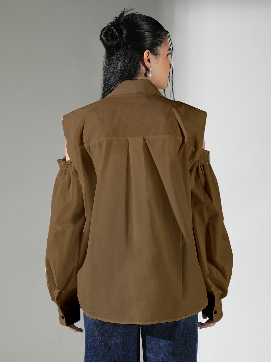 Women's Cold Shoulder Bishop Sleeves Brown Solid Shirt