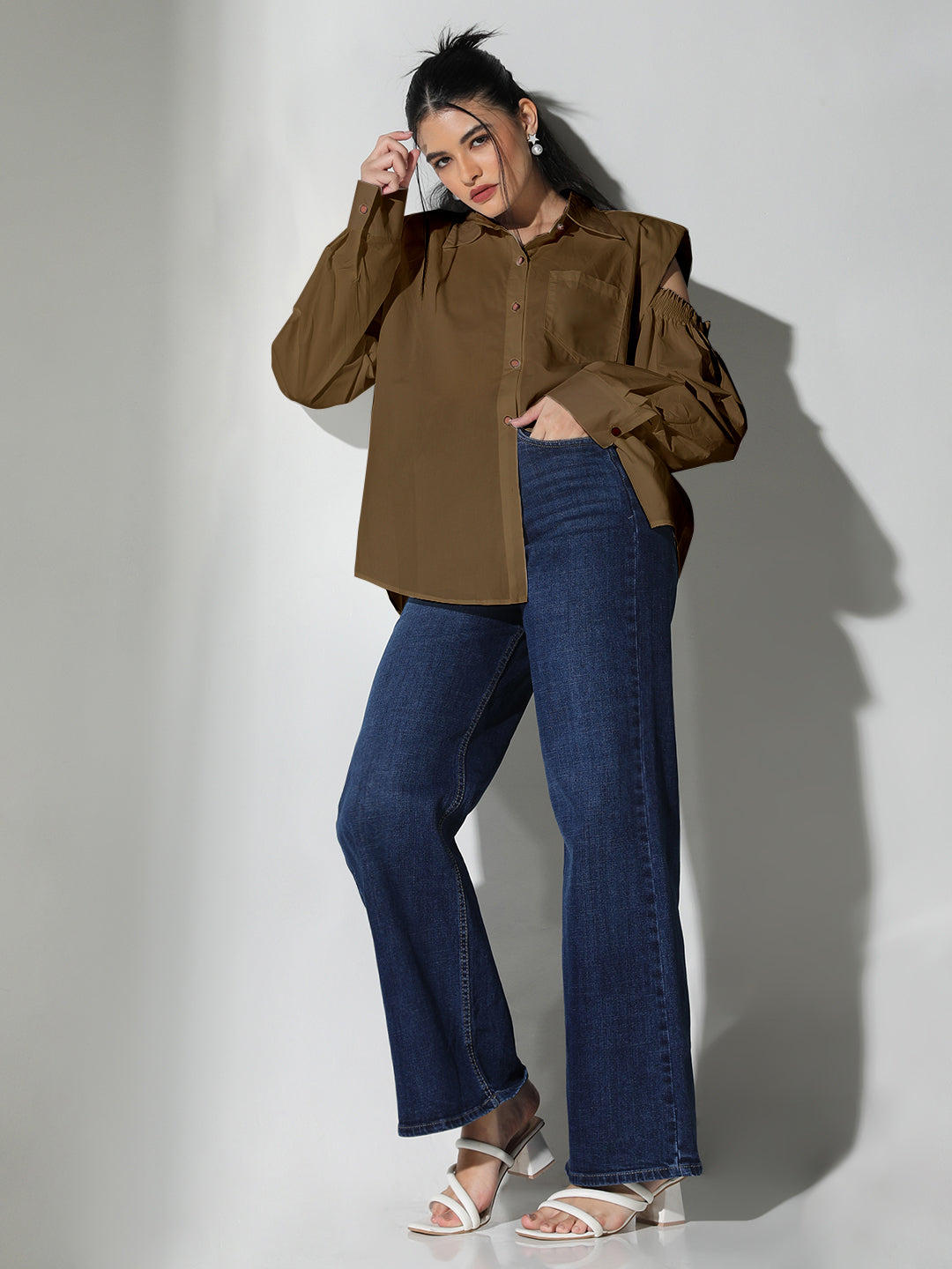 Women's Cold Shoulder Bishop Sleeves Brown Solid Shirt