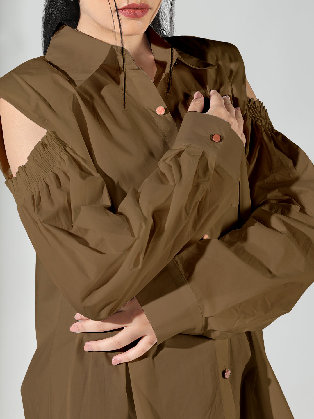 Women's Cold Shoulder Bishop Sleeves Brown Solid Shirt