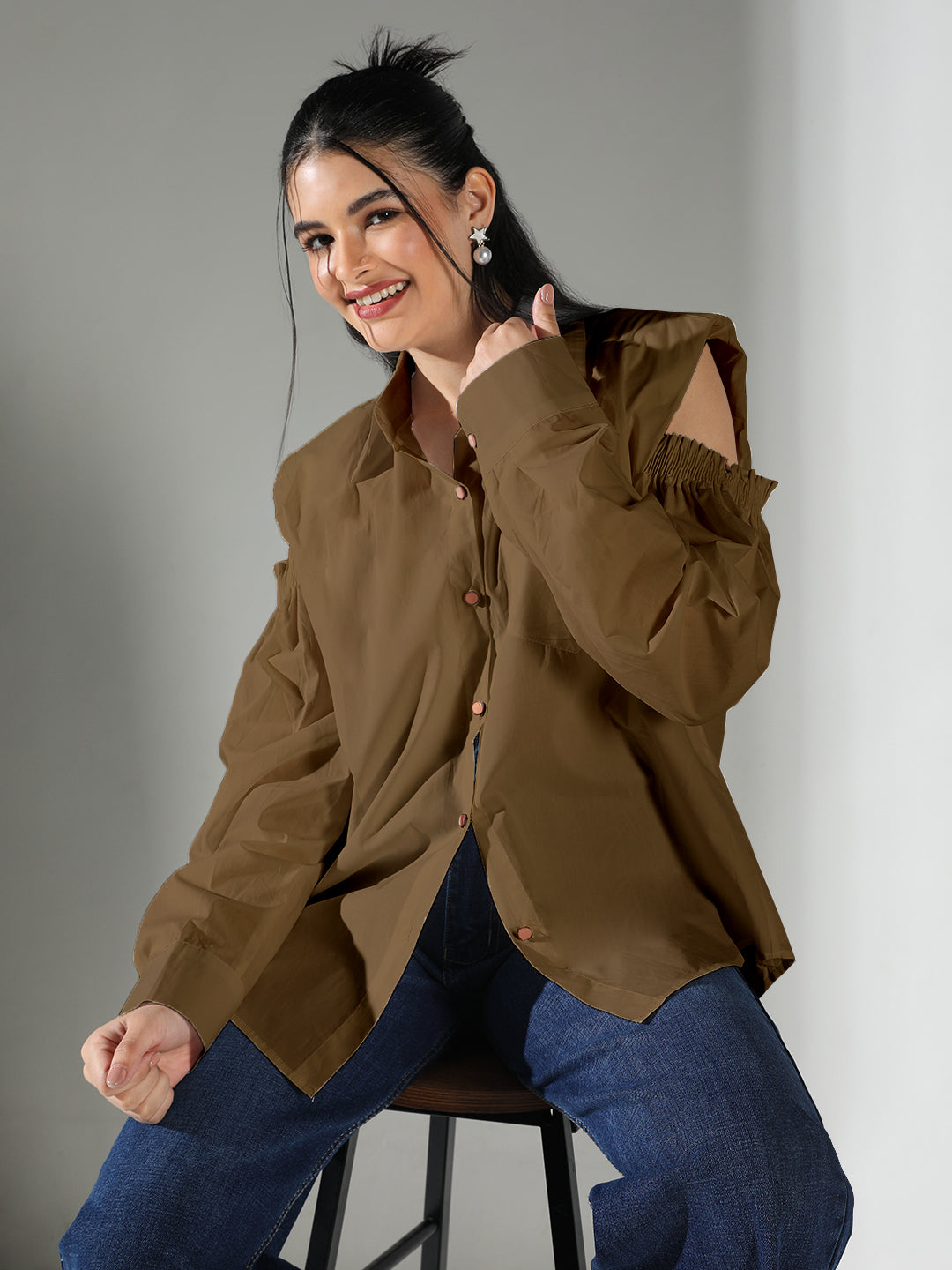 Women's Cold Shoulder Bishop Sleeves Brown Solid Shirt