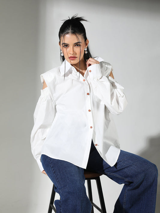 Women's White Cold Shoulder Shirt with Shoulder Pads
