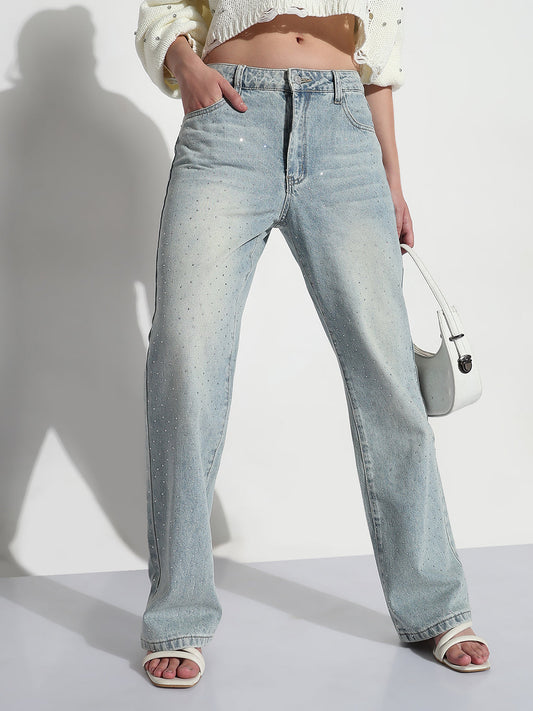 Women's Blue Embellished High Rise Straight Fit Jeans
