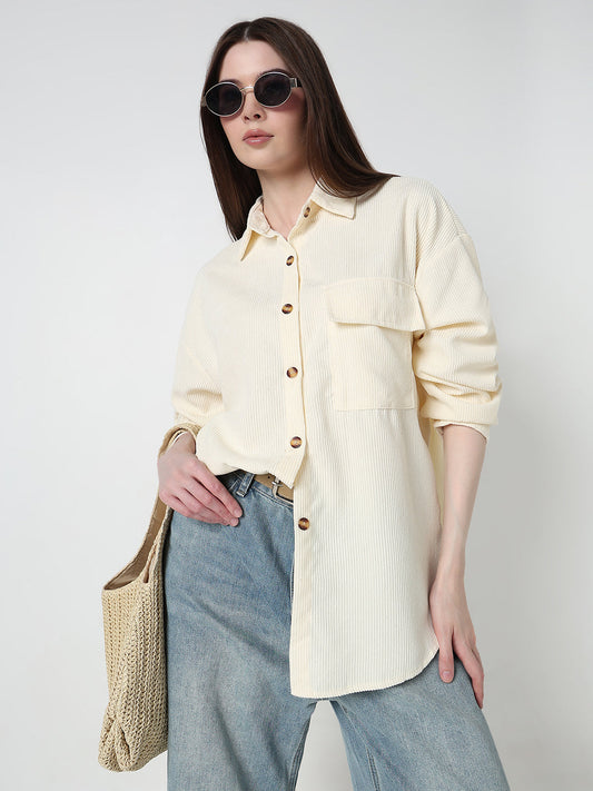 Women's Textured Cream Regular Fit Shirt