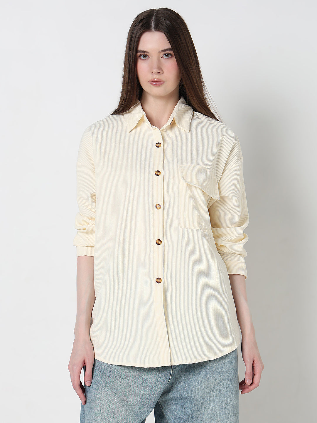 Women's Textured Cream Regular Fit Shirt
