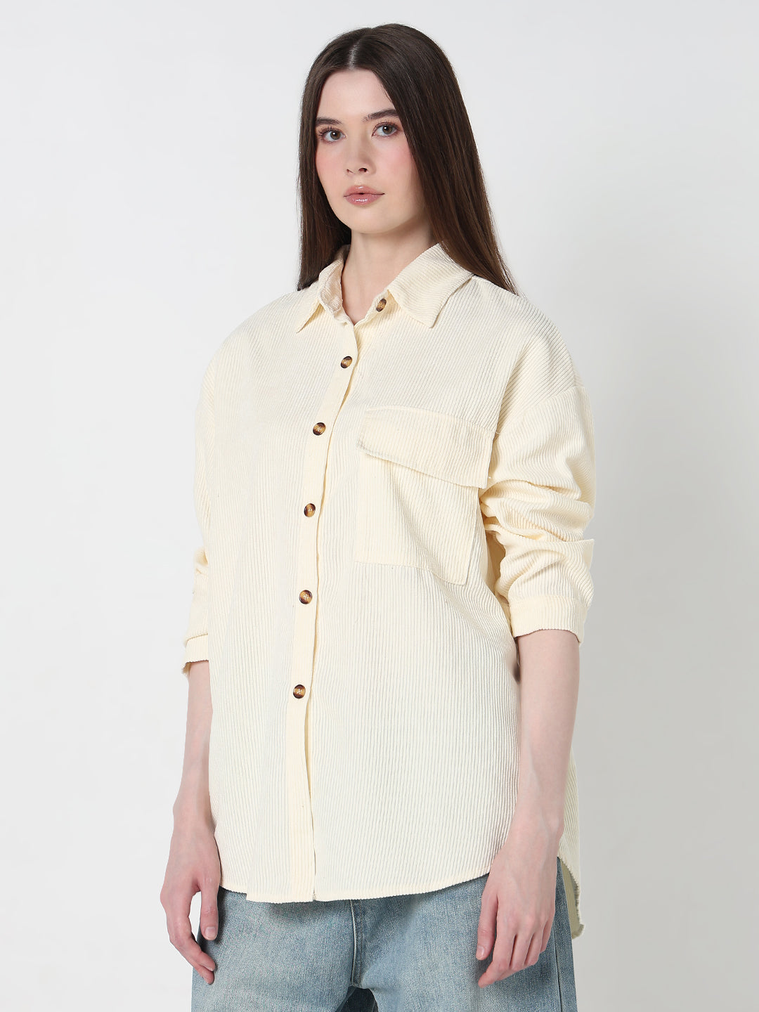 Women's Textured Cream Regular Fit Shirt