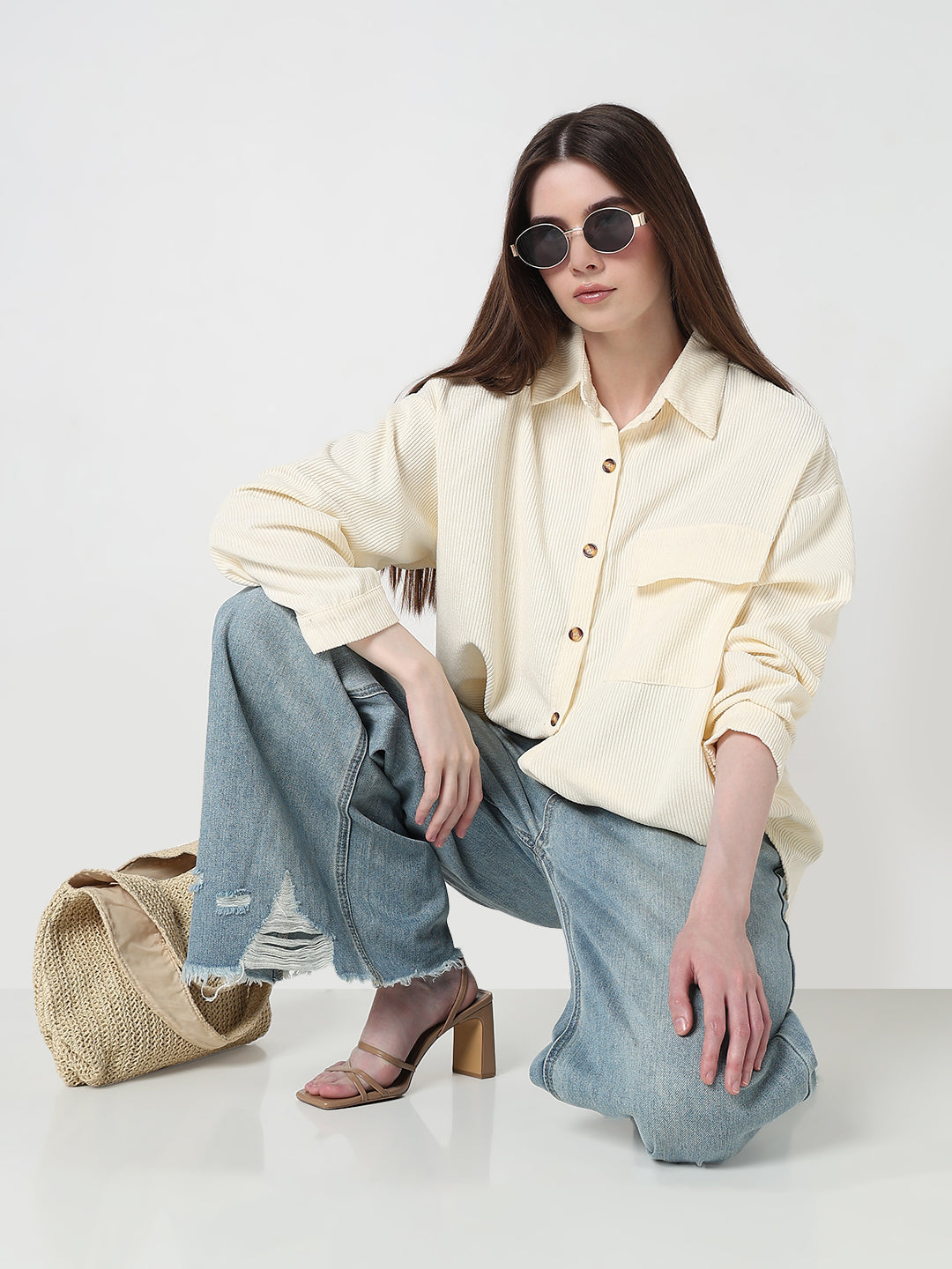 Women's Textured Cream Regular Fit Shirt