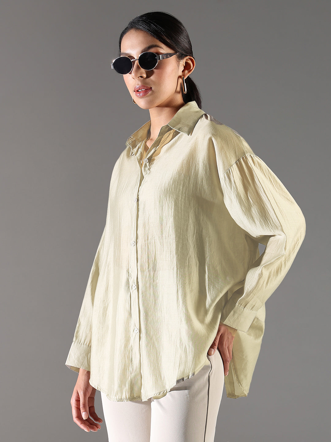 Women's Beige Solid Oversized Shirt