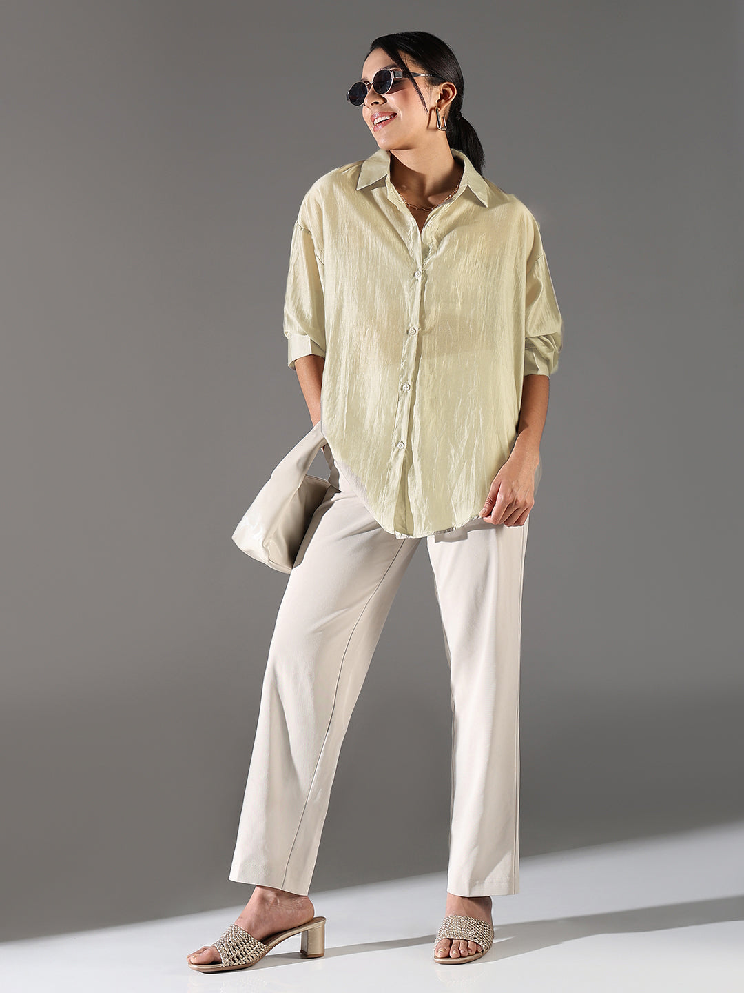 Women's Beige Solid Oversized Shirt