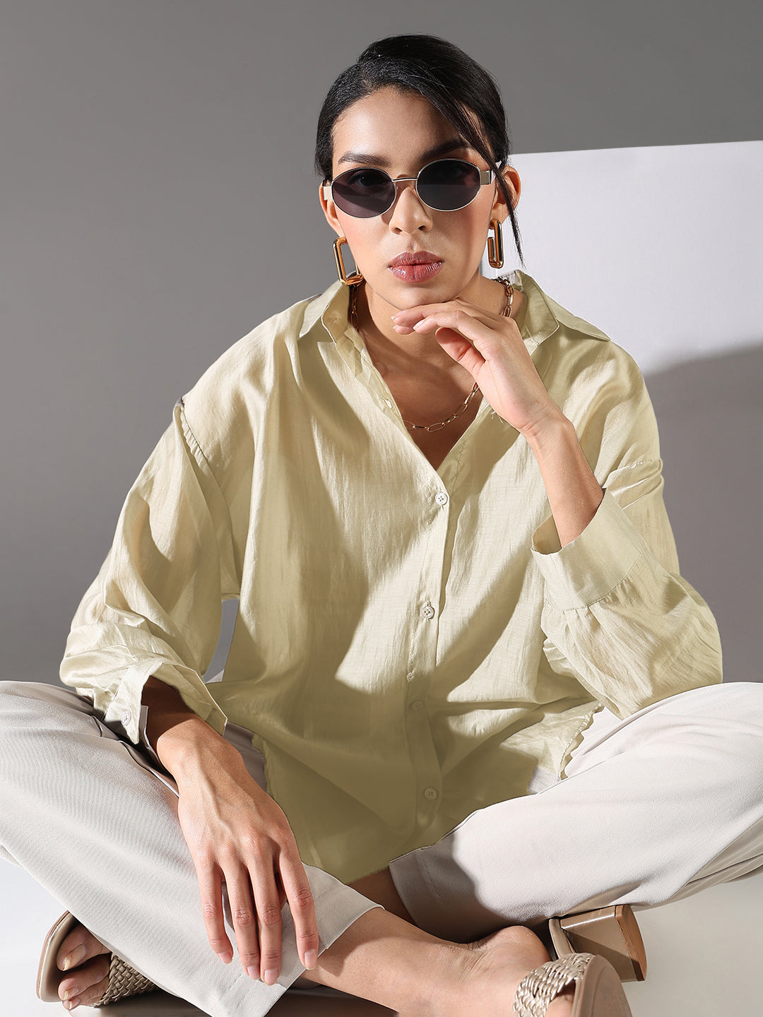 Women's Beige Solid Oversized Shirt