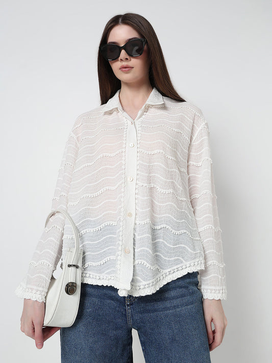 Women's Floral White Regular Fit Embellished Semi Sheer Shirt