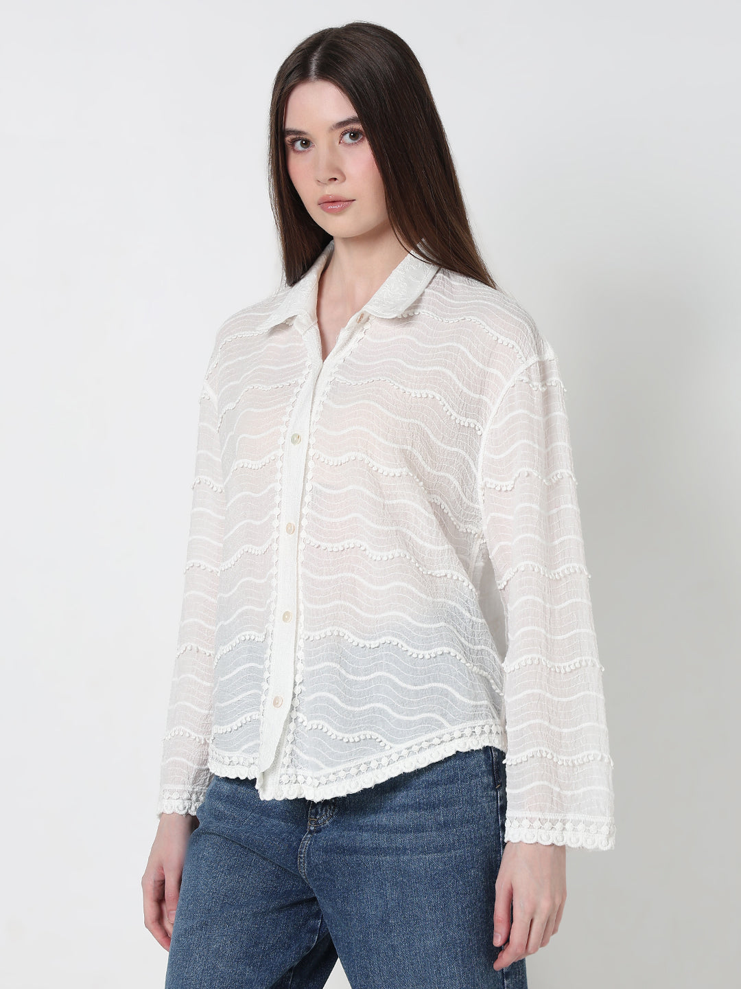 Women's Floral White Regular Fit Embellished Semi Sheer Shirt